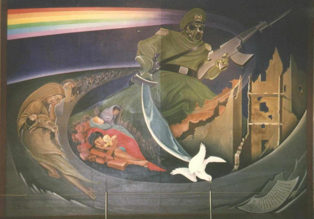 Stormtrooper kills a dove of peace in a mural at the Denver New World Airport