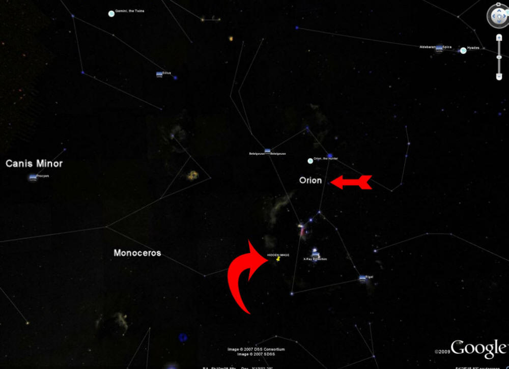 Zoomed out image Google Earth blocked out this entire image off the western edge of the constellation orion.