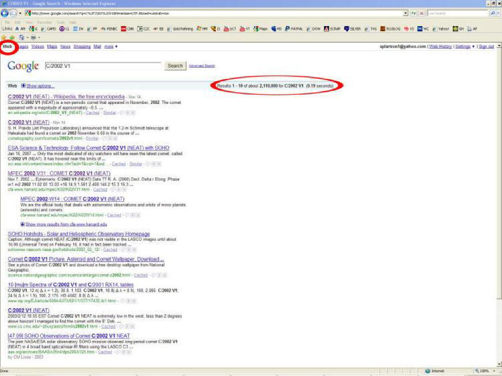 2.1 million web hits on Google for C/2002 V1 NEAT comet