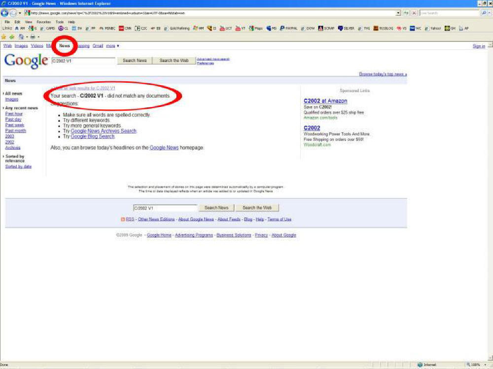 0 Google news hits for C/2002 V1 NEAT comet